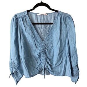 Zara Solid Chambray V-neck Long Sleeve Cinched Top Size Medium